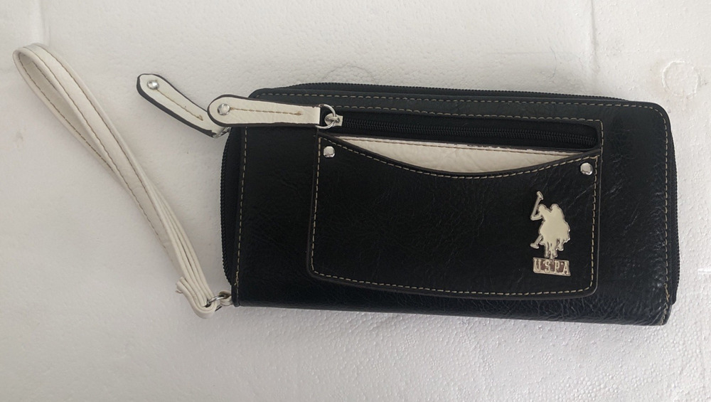 USPA Ralph Lauren Polo wristlet Wallet Black and White Leather 8"x4"